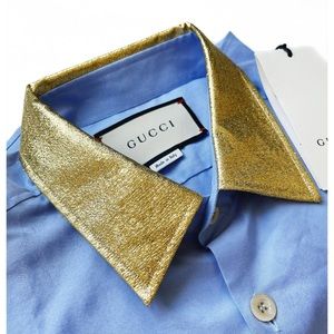 GUCCI Blue Dress Shirt w/ Gold Collar NWT